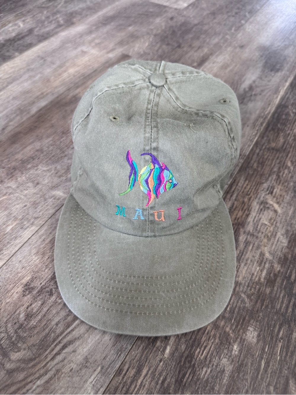 Vintage! Maui Olive Green Embroidered Colorful Rainbow Fish Cap
